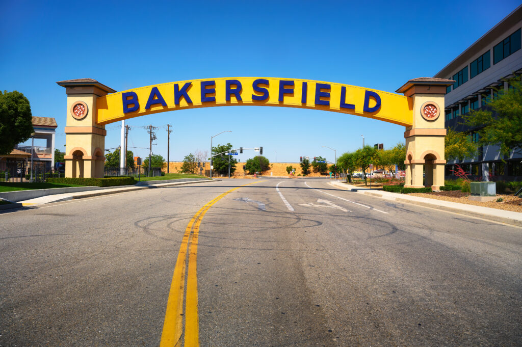 Bakersfield welcome sign, a wide arched street sign. Also known as the Bakersfield Neon Arch, it is one of the most recognizable landmarks in Bakersfield, California.